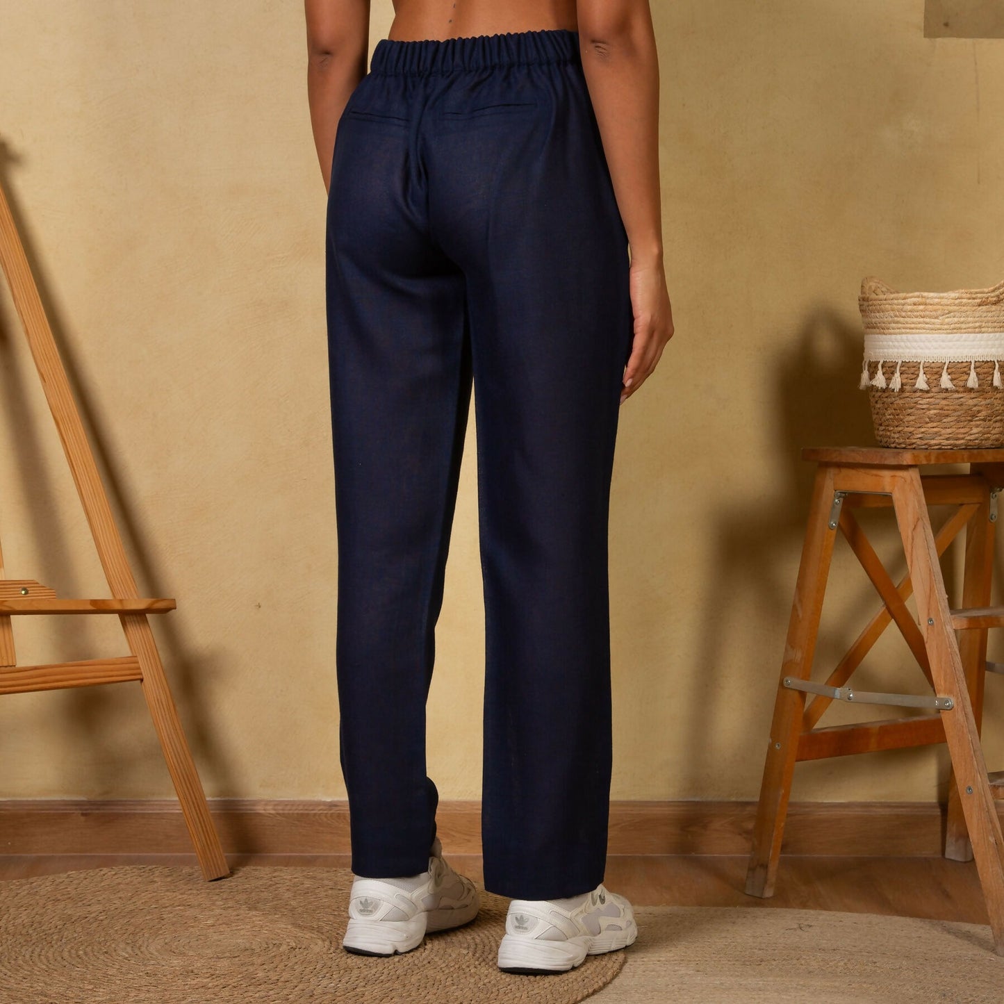 Navy High-Waist Linen Trousers