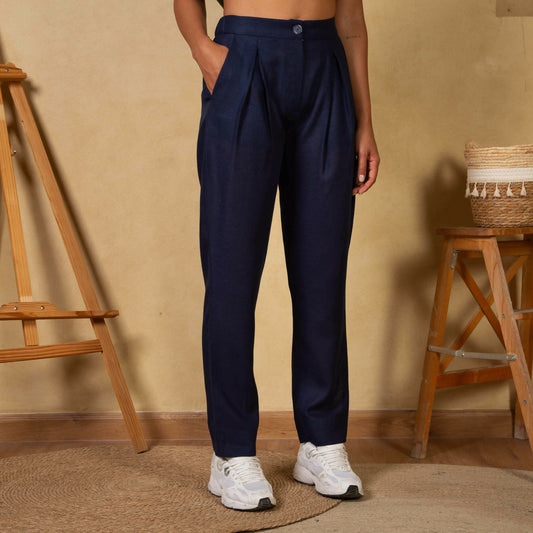 Navy High-Waist Linen Trousers